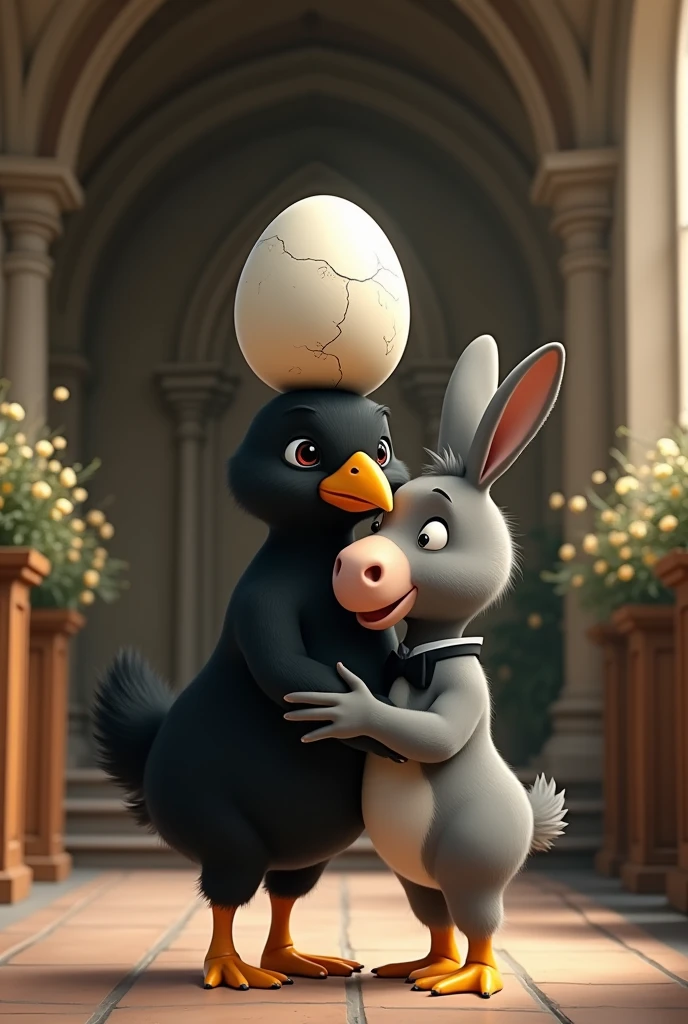 Calimero noir avec sa coquille d'oeuf blanche brisée sur la tête qui se mari avec un petit âne garcon mignon gris portant un noeud papillon autour du cou, dans une chapelle tous deux heureux