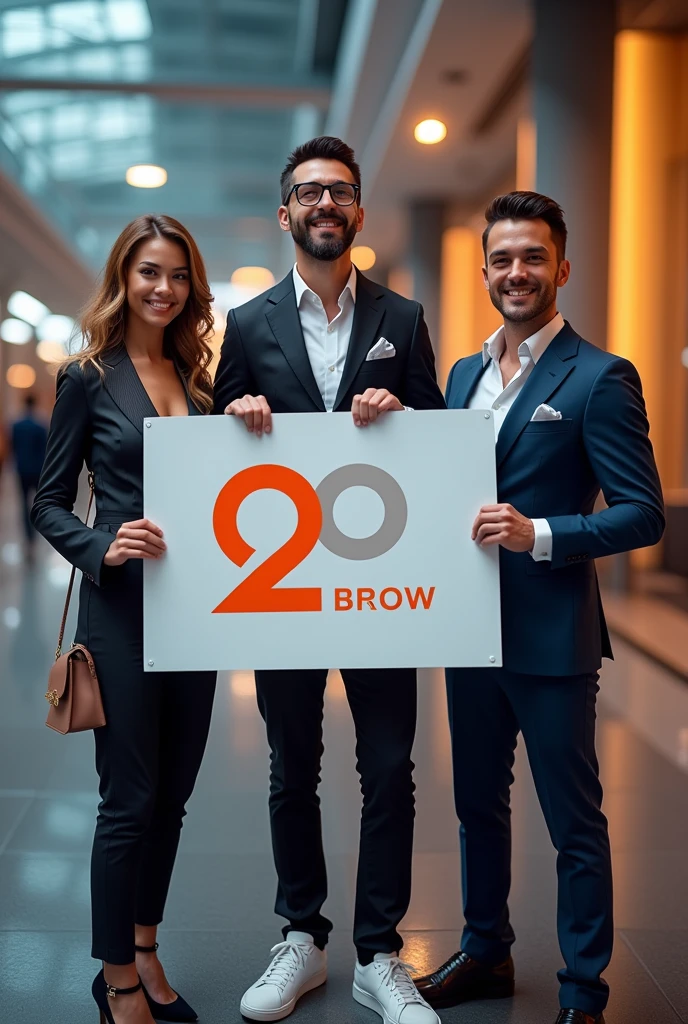 (best quality,ultra-detailed,highres,masterpiece:1.2),Three guys holding a sign with DNV's logo,professional studio lighting,vibrant colors,physically-based rendering,clear and sharp focus,realistic style,bokeh,energetic and dynamic poses,modern urban background,detailed facial features,strong and confident expressions,stylish clothing,eye-catching typography.
