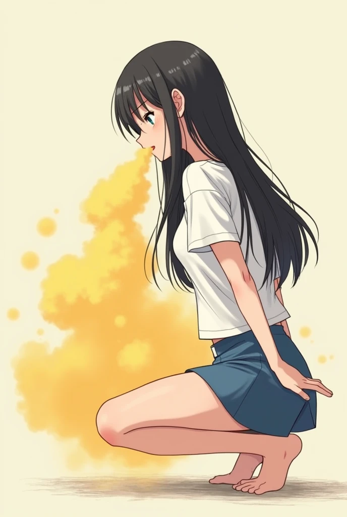 1girl,The girl farts lougly,no pants,white t-shirt,blue skirt,white panty,black hair,farting(yellow smoke),farting from asshole,big fart,strong fart,쪼그려 앉아 있다
