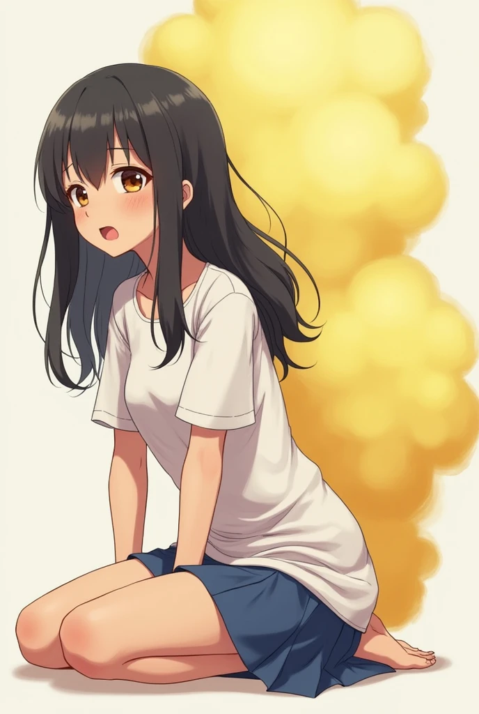 1girl,The girl farts lougly,no pants,white t-shirt,blue skirt,white panty,black hair,farting(yellow smoke),farting from asshole,big fart,strong fart,쪼그려 앉아 있다