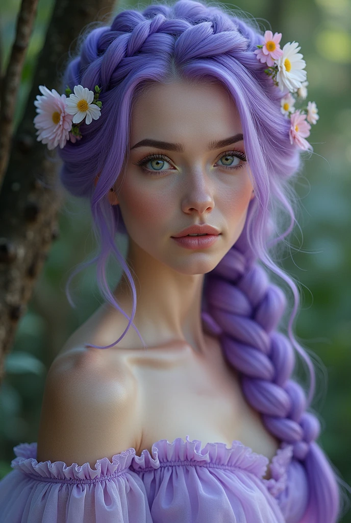 Woman,skin fair,sparkling green eyes,purple braided hair,flowers in the braid,light purple dress,cinema image,品質,