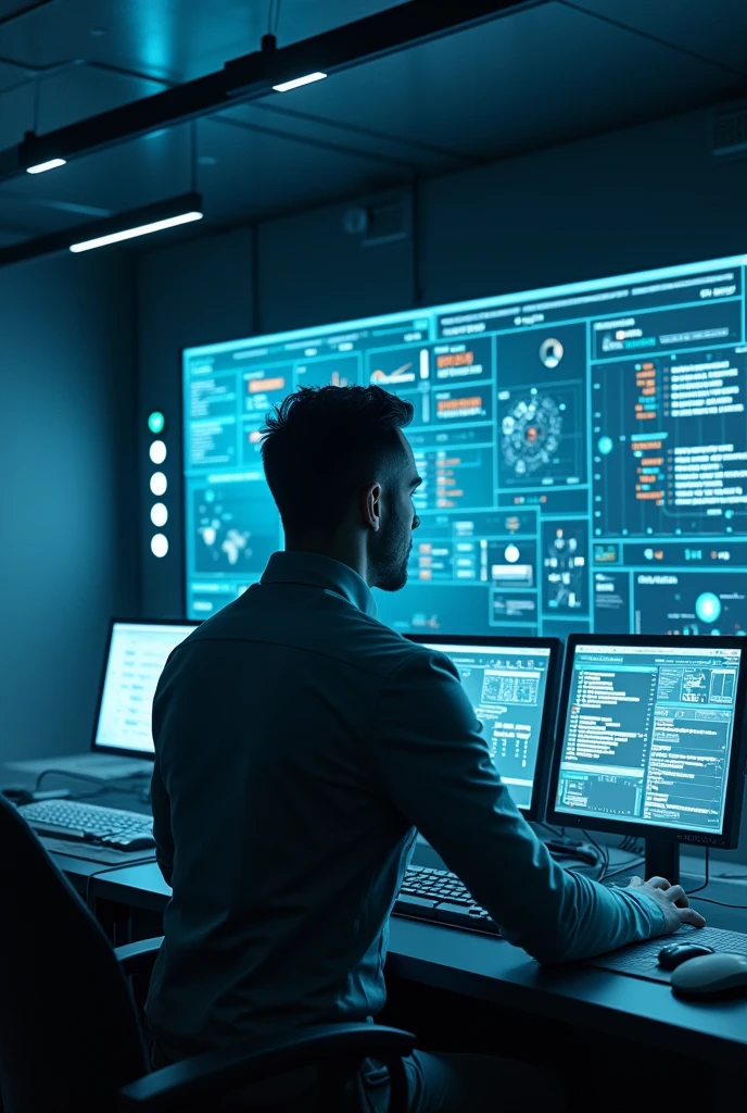 create a cyber security room with a man