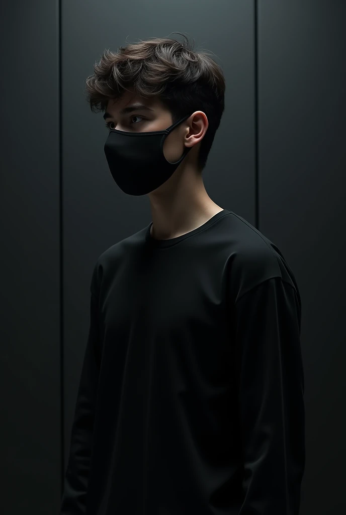 Create a ultra realistic picture where a boy in a black shirt and a face mask. The background features is cyber style black wall.he look a side with full body. There should not be his shadow and also he will be an attractive boy
