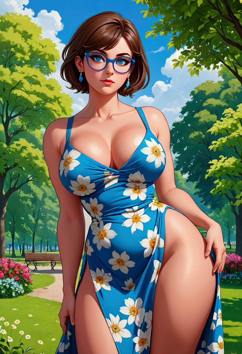 20 years old woman, Short brown hair, Méditerranéenne aux blue eye, Generous and heavy breasts, slender waist, estomac defini, fesses rebondies et pulpeuses, naturally curved, muscular thighs, aguicheuse, in a park, in a long floral dress , lunettes, earrings , blue eye, talons