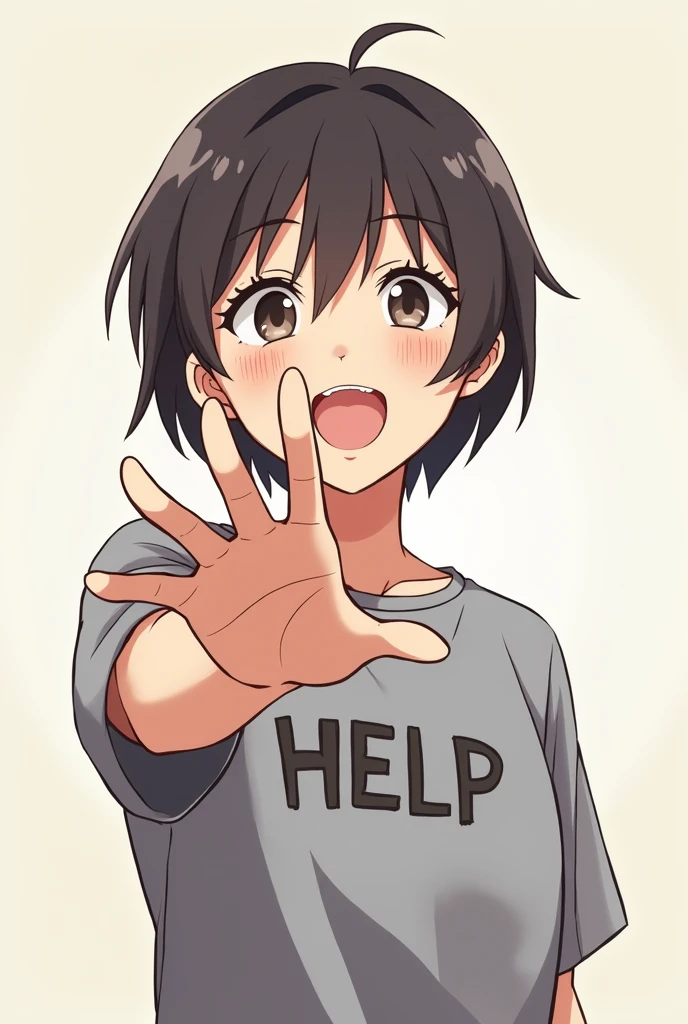 A person reaching out to the screen with a soft smile on their face and engaging with a gray shirt that says help, in manga format