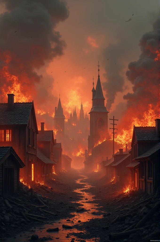 (8K, Ultra HD, Realistic) Burned Down Village, Village, Fire, Forest, Smoke, Depressed, Red fire sky, Sky, High Angle View, Vintage