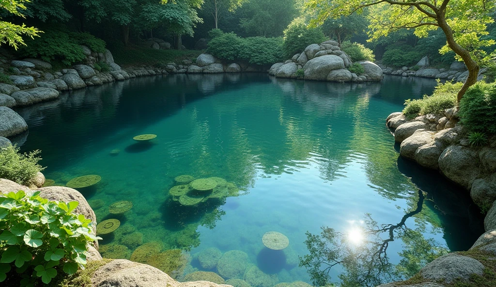 (masterpiece:1.2,Highest quality,Ultra-high resolution,Very detailed,Realistic,Ultra-high resolutionのカメラ),8k,wallpaper,(Shooting the pond from above),(A detailed depiction of the pond bottom with the water surface reflections removed.:2.0),sunny,Japanese garden,Serene landscape,Healing
