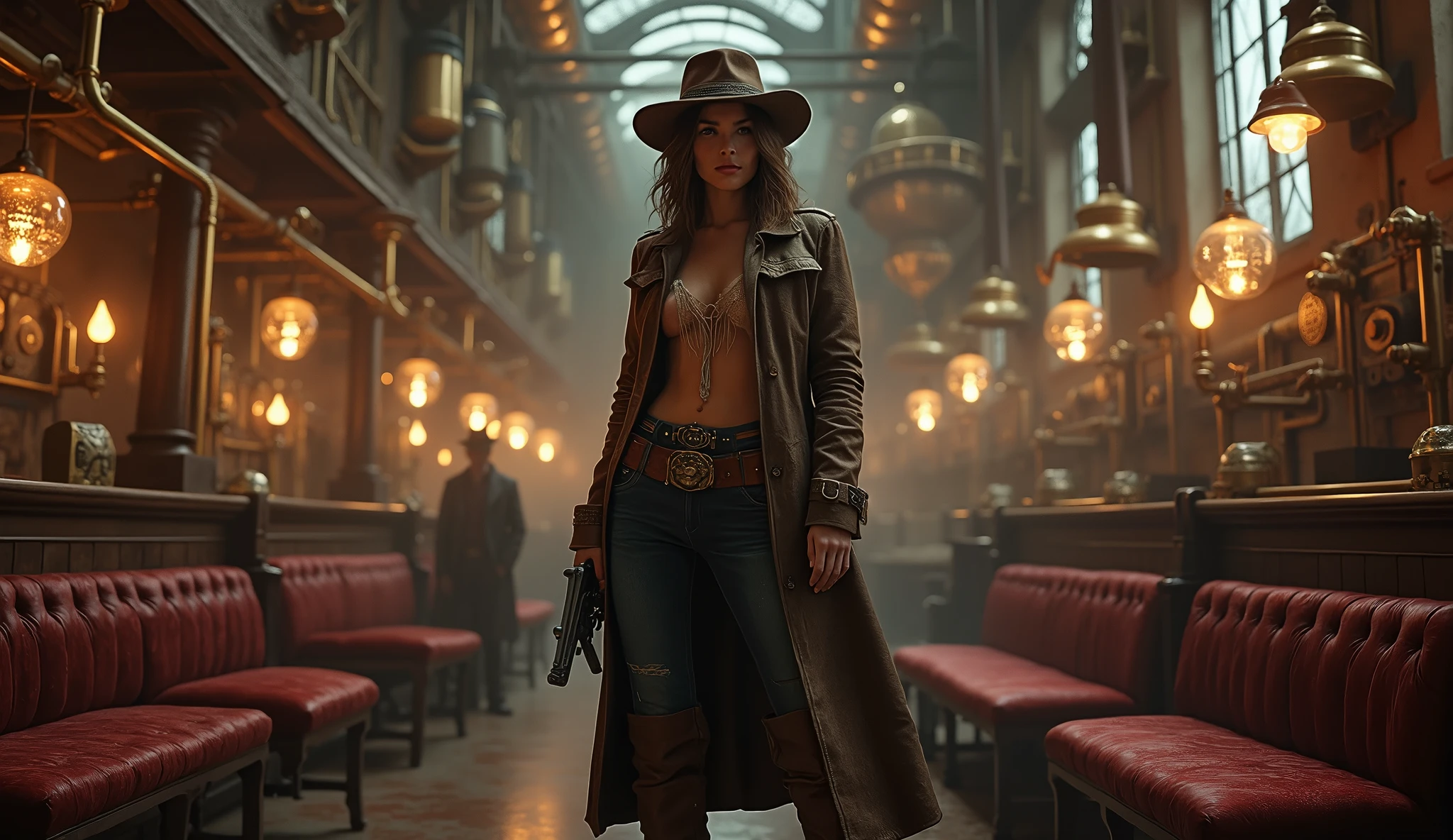 A cowgirl in a Neo-Victorian steampunk saloon, detailed portrait, photorealistic, intricate mechanical gears, brass and copper details, moody lighting, dusty atmosphere, dynamic pose, vivid colors, cinematic composition, (best quality,4k,8k,highres,masterpiece:1.2),ultra-detailed,(realistic,photorealistic,photo-realistic:1.37),cinematic lighting,dramatic shadows