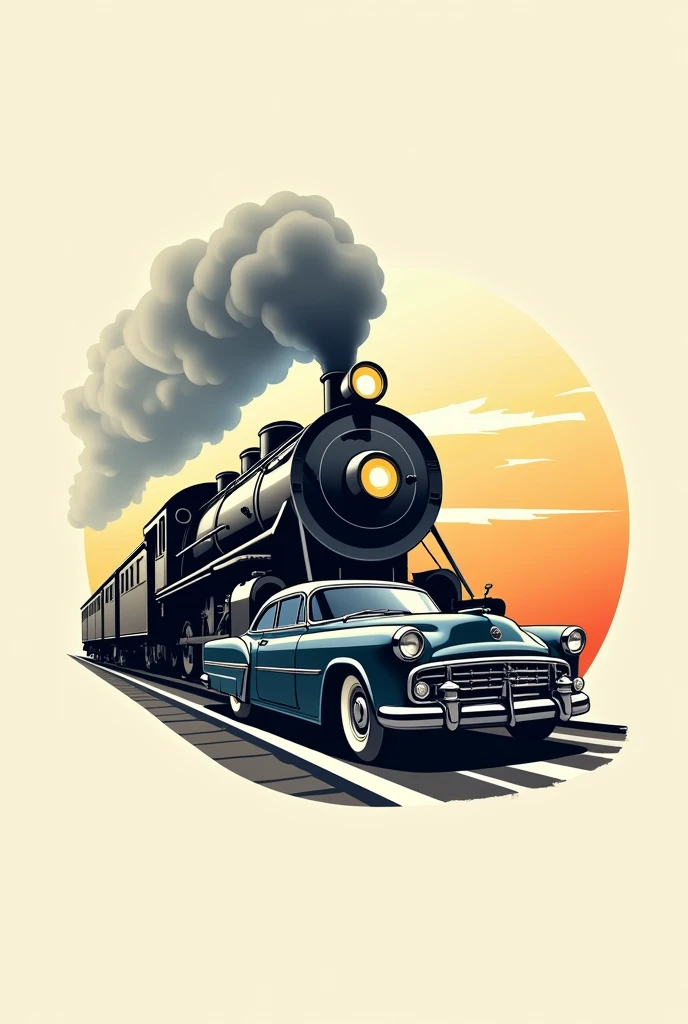 Logo with images of a steam train and a classic car from the 20th century together