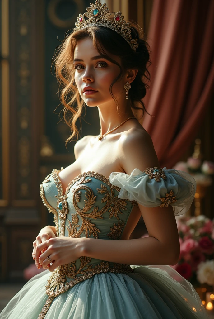 a sexual cinderella, full body, different poses, highly detailed, photorealistic, 8k, ultra-detailed, realistic skin, beautiful face, exquisite dress, high heels, jewelry, dramatic lighting, intricate background, cinematic composition, vibrant colors, fantasy, magical