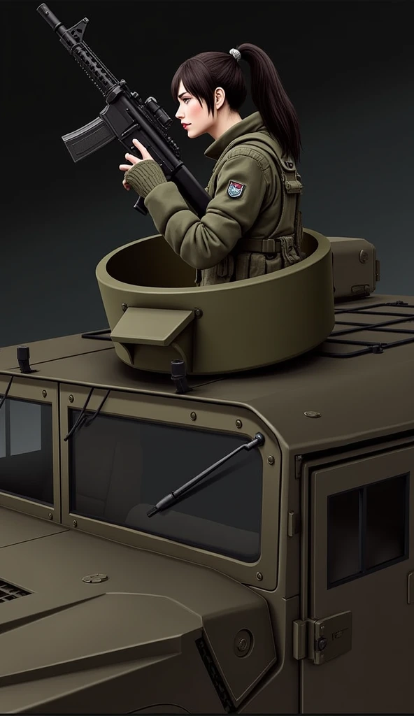 Black haired woman in turret on top of a hmmwv