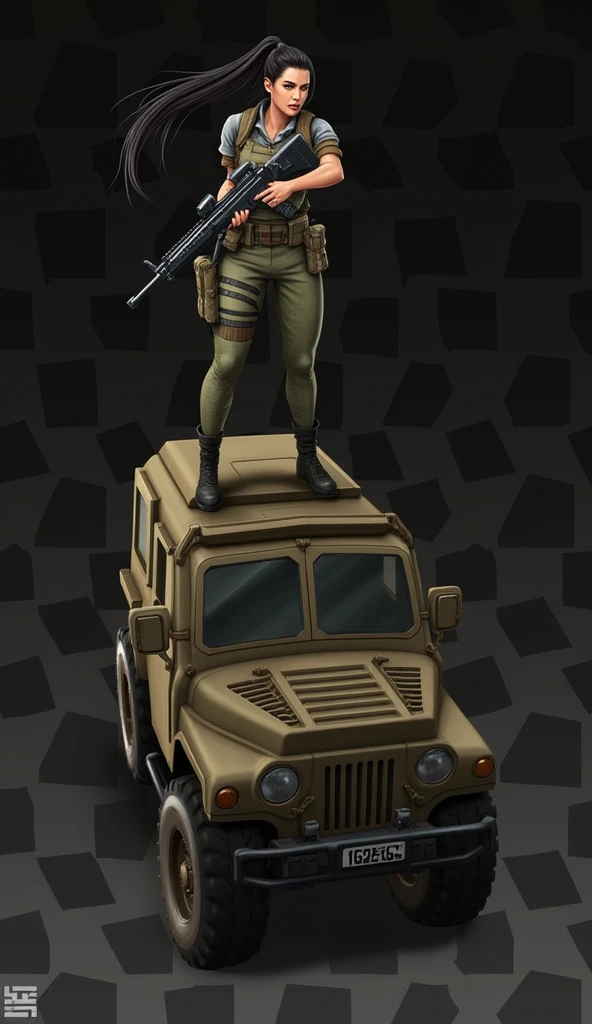 Black haired woman in turret on top of a hmmwv