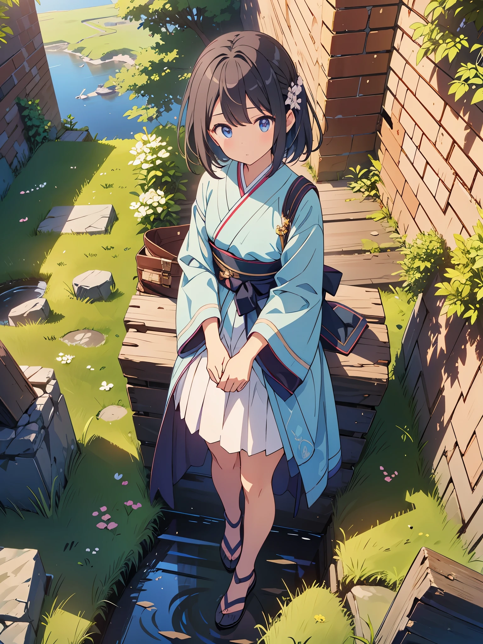 帽子とドレスを着て小道を歩いている女性 masterpiece, Highest quality, Great quality、so beautiful、masterpiece,In detail、Poster quality、artwork、,another world、hated、cute、another world outfit、Grass grows on both sides of the cobblestones_There is a brick building behind1item,anime、Light Hue