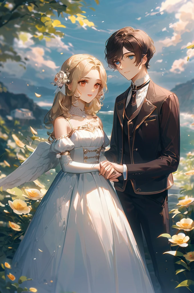 ((Лучшее качество)), ((шедевр)), (подробный), the angel girl is blonde with blue eyes, the angel guy with dark hair and amber eyes, they are very in love and holding hands, clouds, light and flowers are around them