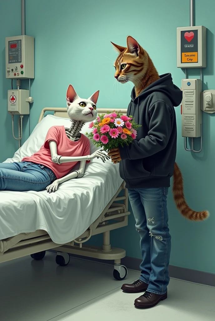 A white bony cat dressed in pink top and blue jeans on hospital bed takes bouquet from a yellow cat dressed in tattered black hoodie and black jeans with bouquet in hands
