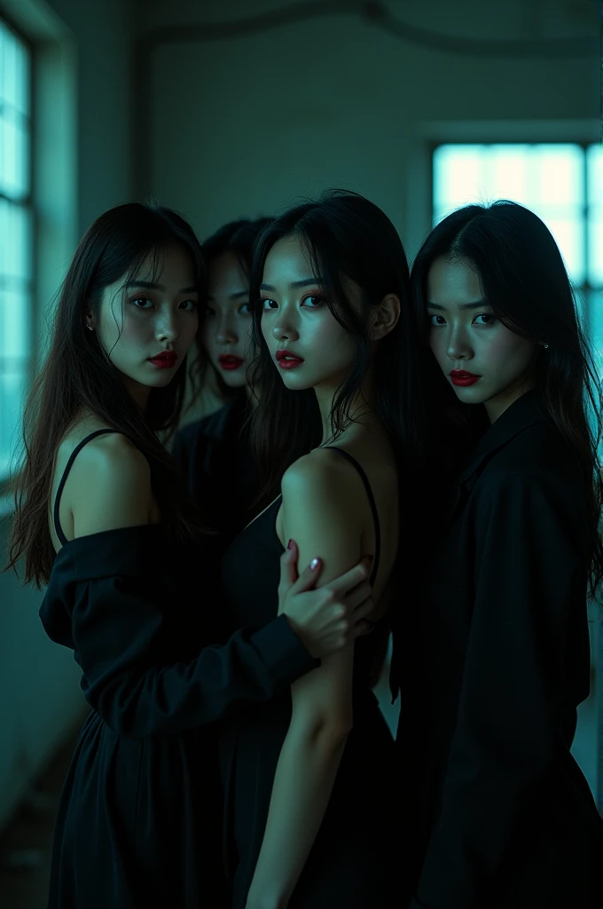 I'm taking photos for a new concept album. Create a girl group concept photo in the style of "Psycho"