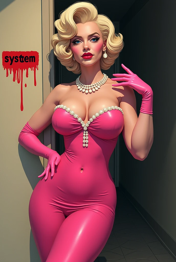 Merlin Monroe in the cartoon style of the mafia board game, in a pink dress with lipstick in his hand and on a dark beige background is written in blood system