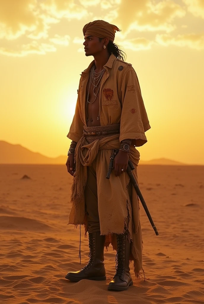 masterpiece, Desert landscape at sunset, solitary figure, Michael Jackson wearing nomad, Post-apocalyptic clothing. Layers of rags, Unconventional accessories, The weather-beaten exterior creates an atmosphere of survival and resilience, 16K, Ultra-high resolution.Reality, Ultra HD, Reality渲染, Dramatic Lighting, In sharp contrast