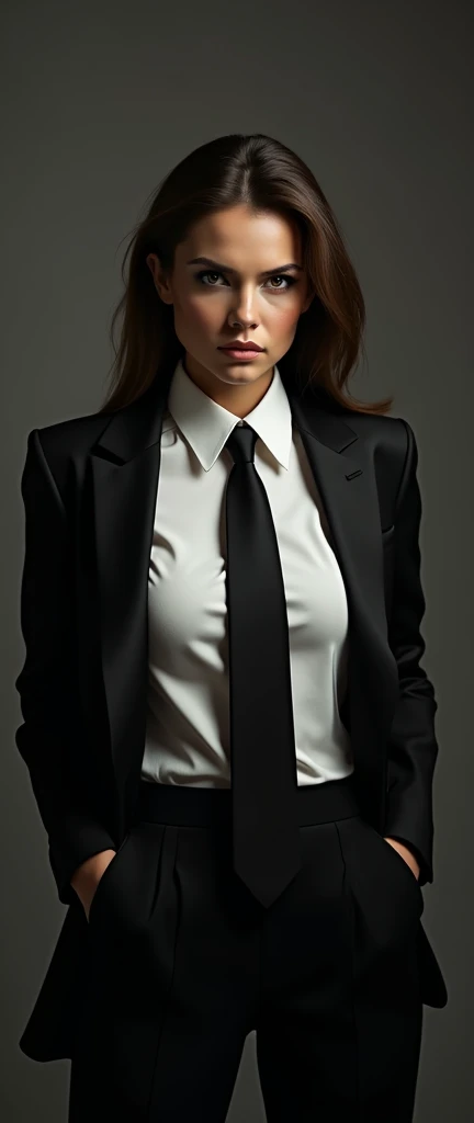 a female, black suit, white shirt underneath, tie, aggressive, assertive, swagger attitude, photorealistic, 8k, hyper detailed, studio lighting, highly detailed face and eyes, intricate details, chiaroscuro lighting, dramatic lighting, moody atmosphere, cinematic, elegant