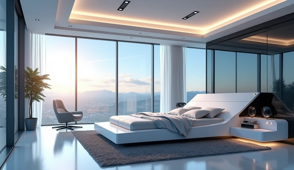 futuristic rich billionaire modern room, futuristic rich billionaire modern LED white lights, futuristic rich billionaire modern bedroom, realistic view, realistic sky, sun reflection, uncommon and unique, realistic shadow, realistic shader, dynamic lighting, modern white LED lights, master bedroom, king size bed, big room and big window, gaming computer setup with blue and purple color neon lights, corner view, big length, big, Air-condition AC, big room, large room and big size bed,