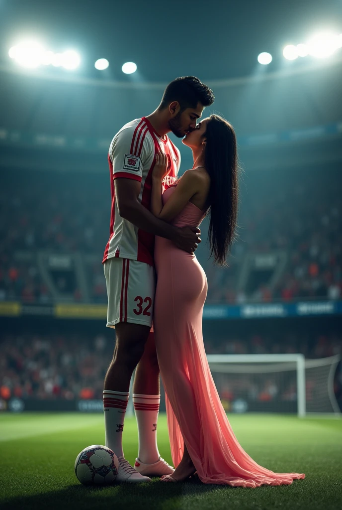 A man and woman kissing eachother in football stadium ground at night time all spot light on them woman is wearing glasses and had black hair . Woman is wearing long baby pink dress high heels . Man is wearing white and red colour 32 number jersey. Siddharth written on jersey. Woman is cupping man s face . Man s one foot resting on a soccer ball. Man is 1 feet taller than woman. Add some audiance in stadium . Make it real .make boy handsome . Make Man 2 feet taller than woman. Jersey number is 32. Add goal net in back ground . Make her hair set in straight  .woman is wearing  glasses make man 2  feet taller than woman . Man is picking up woman from ground  in his arm 
