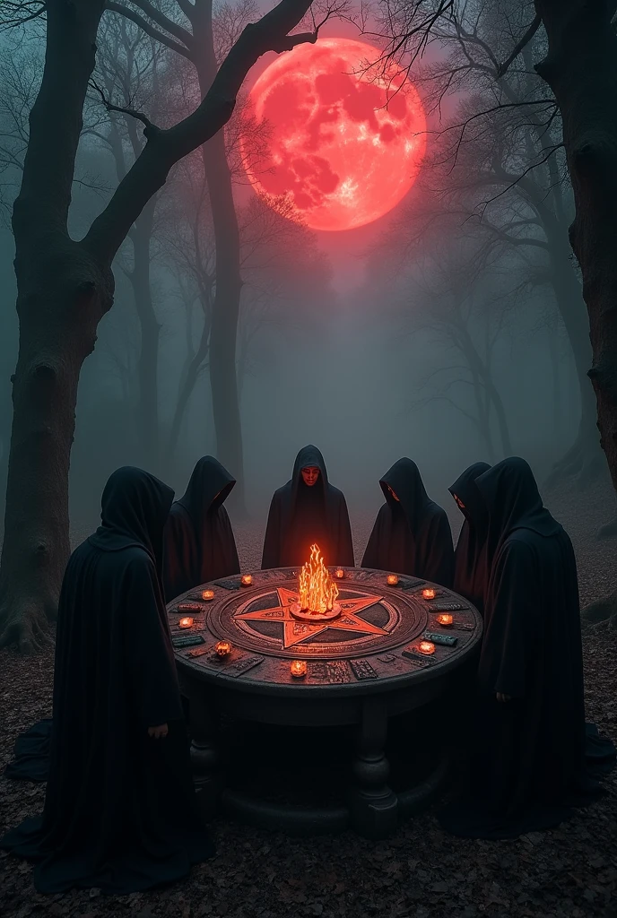 I want a court of wizards with dark hoods worshiping Satan in the middle of a table with the devil&#39;s pentagram in the middle of the forest with a blood moon