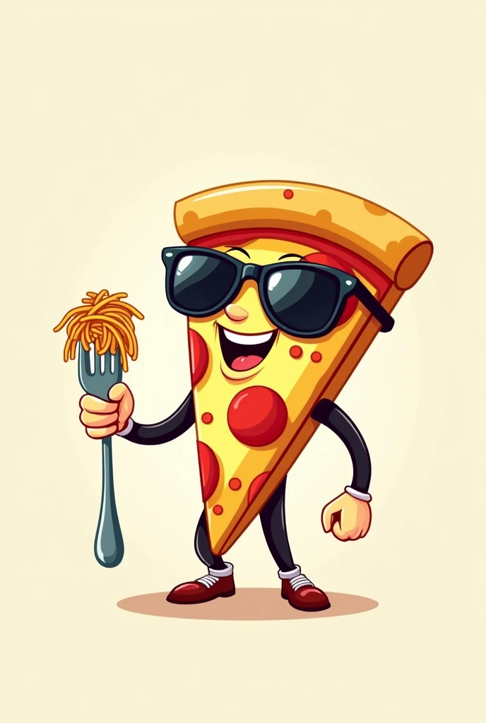 Logo Bonhomme part de pizza triangle, avec une fourchette avec des spaghetti , lunettes de soleil. Doigts de l'autre mains joints . Italien