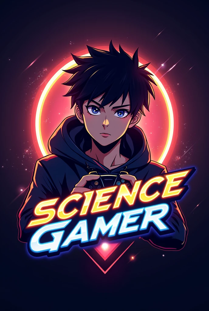 This is a gaming logo that features the name "Science Gamer" in a futuristic font and a neon Golden color. and Boy Anime avtar, The logo also has a stylized controller icon. The logo is designed to be attractive and eye-catching, and to appeal to gaming enthusiasts and