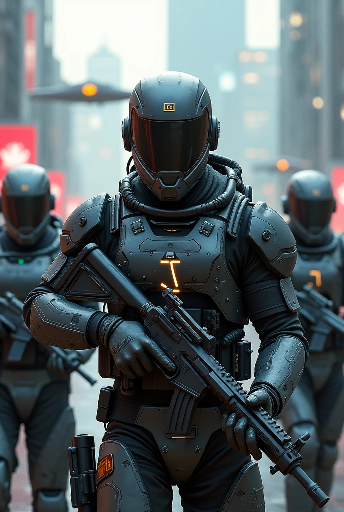 Call of duty in afuturistic world with cool guns and blasters. They are standing in a cool pose with cool tech suits