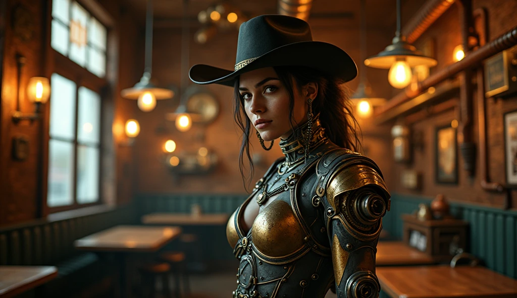 A dieselpunk cowgirl in a Neo-Victorian steampunk saloon, detailed portrait, photorealistic, intricate mechanical gears, brass and copper details, moody lighting, dusty atmosphere, dynamic pose, vivid colors, cinematic composition, (best quality,4k,8k,highres,masterpiece:1.2),ultra-detailed,(realistic,photorealistic,photo-realistic:1.37),cinematic lighting,dramatic shadows