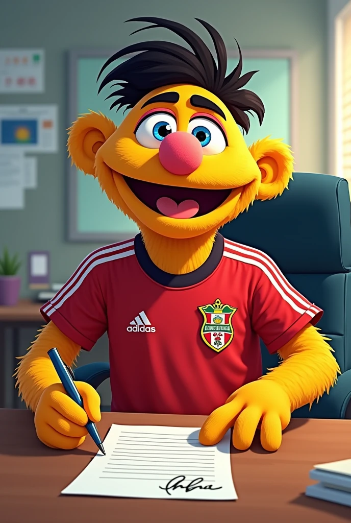 pancho contreras, sesame street character, with a soccer jersey that has the shield of the Peruvian club UNIVERSITARIO DE DEPORTES signing a contract
