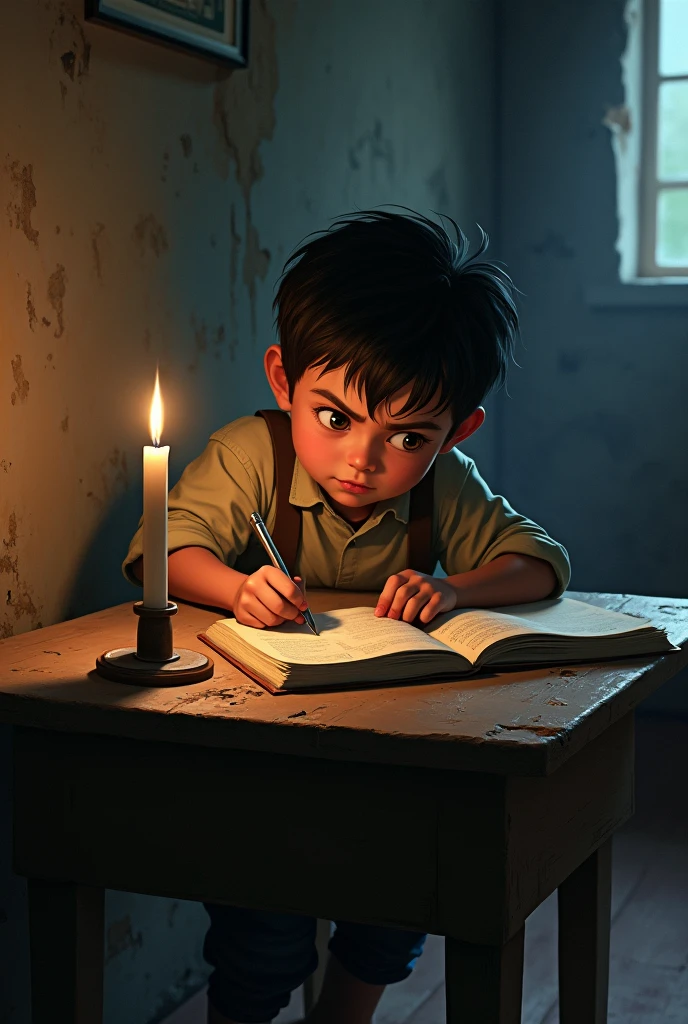 A boy studying in a hard situation