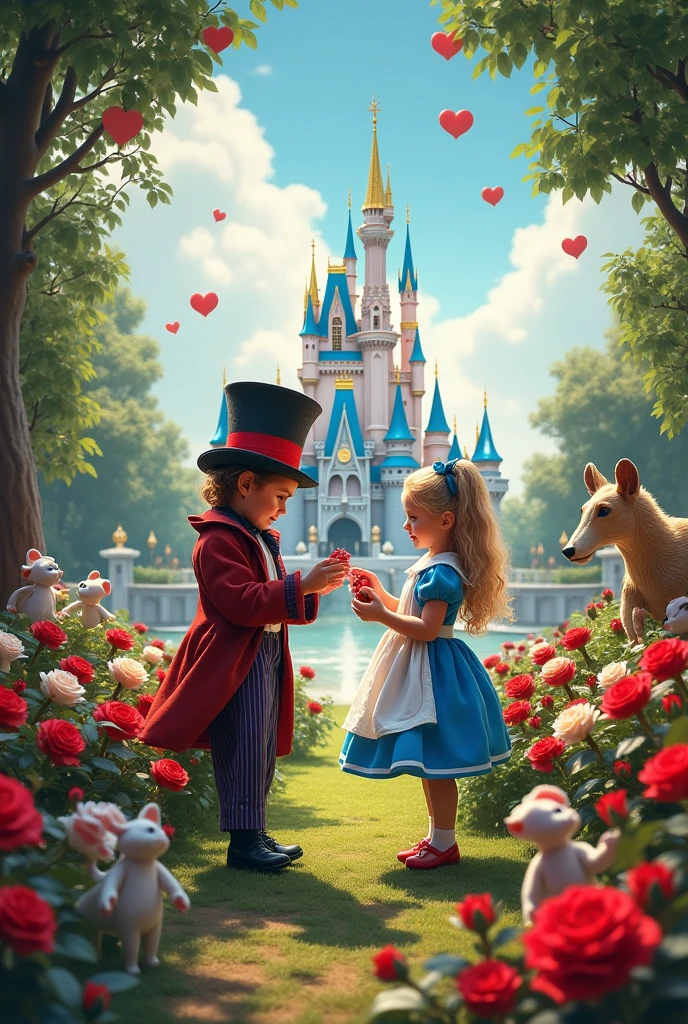 A very green garden with red and white roses with reference to Alice in Wonderland, with Cinderella's castle behind.
in front, two children sitting dressed as the mad hatter and alice. The one playing with a toy stith and the one playing with the toy cruela. ao redor, have several disney character toys Do something exactly as described focusing on the children sitting and playing