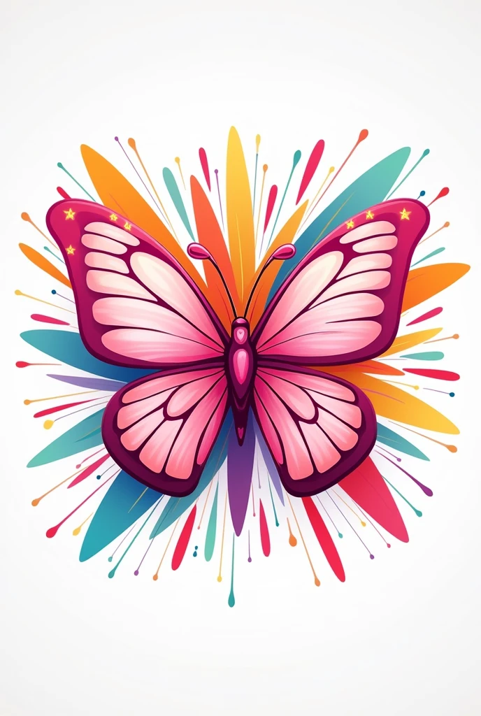 a STYLIZED PINK BUTTERFLY, with explosion of colors in the background line art for LOGO