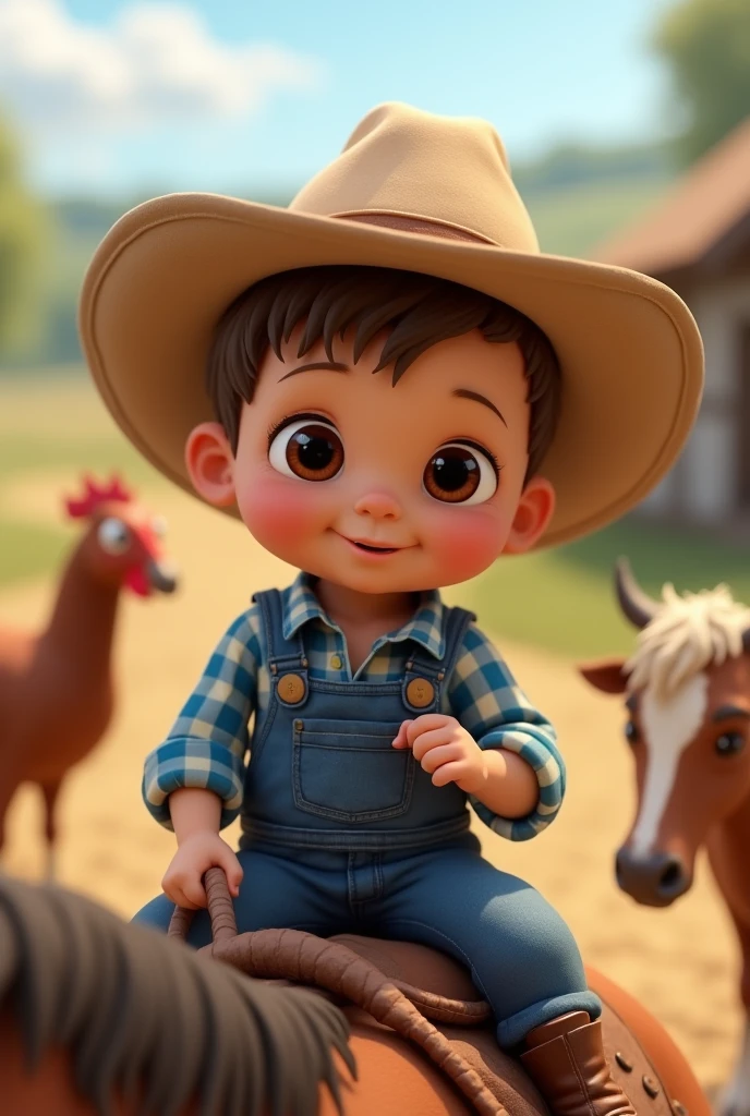 A baby  ,Scrawny, smiling slightly light brown hair, brown dark eyes, light cowboy hat, working with, horses, chickens, cows, in the farm, blue and white plaid shirt denim overalls, mounted horse 3d hd image