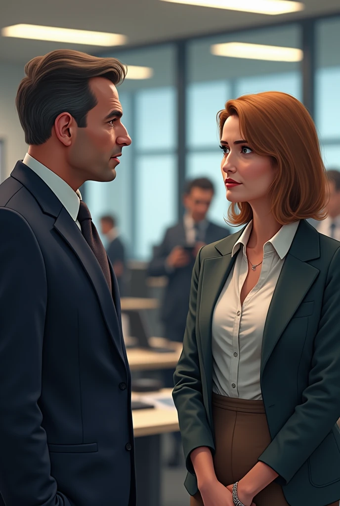 The boss, now with a bemused expression, is speaking directly to the office worker, who looks confused or slightly disheartened. The background shows the office setting, with colleagues and office furniture in the periphery.