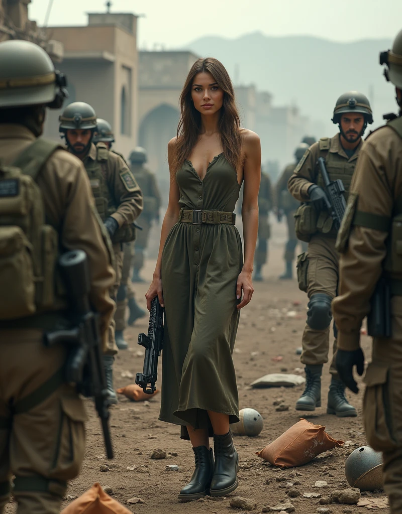 (Photorealism:1.2), beautiful woman, Armed soldiers laying mines