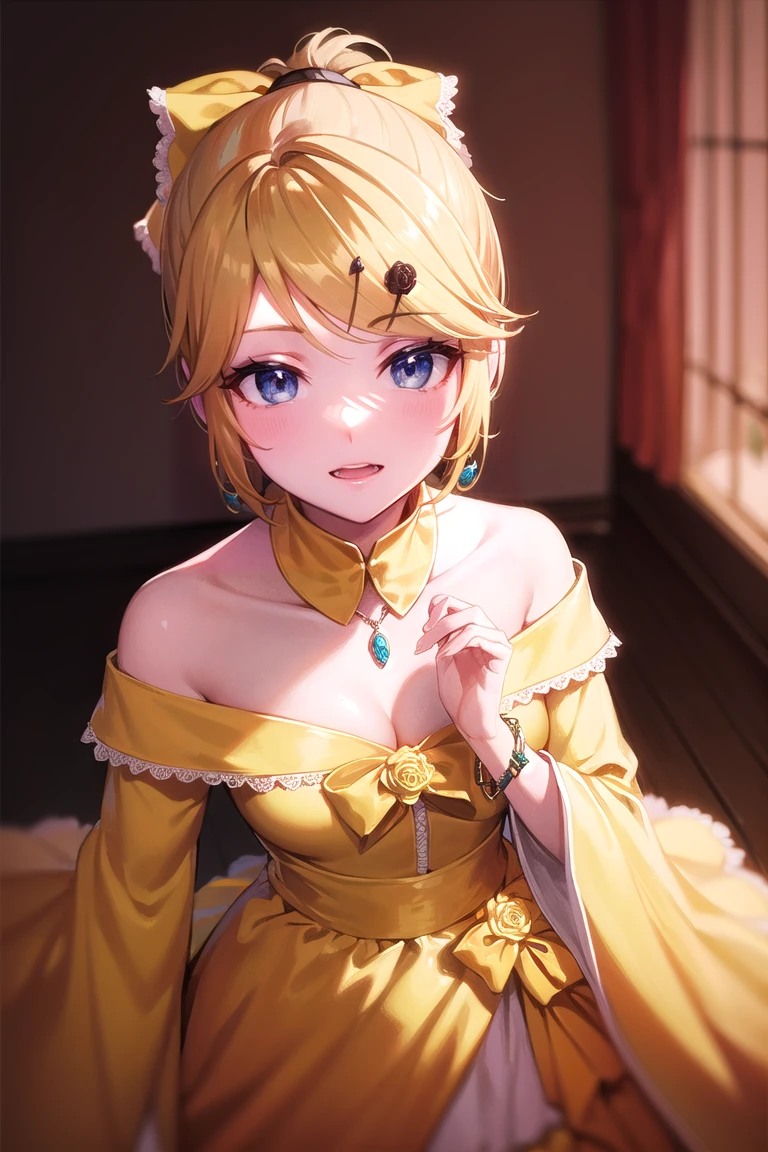 riliane, riliane, blonde hair, blue eyes, ponytail, short hair, parted bangs, smile, grin, BREAK bow, bracelet, dangle earrings, detached collar, dress, (yellow dress:1.5), dress bow, earrings, flower, flower brooch, frilled dress, frills, gown, hair bow, hair ornament, hairclip, jewelry, long sleeves, necklace, off shoulder, off-shoulder dress, ((cleavage, sexy, small breasts)), ((pov, from above)), pendant, sash, wide sleeves, BREAK cowboy shot, looking at viewer, BREAK indoors, BREAK (masterpiece:1.2), best quality, high resolution, unity 8k wallpaper, (illustration:0.8), (beautiful detailed eyes:1.6), extremely detailed face, perfect lighting, extremely detailed CG, (perfect hands, perfect anatomy),
