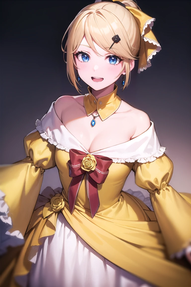 riliane, riliane, blonde hair, blue eyes, ponytail, short hair, parted bangs, smile, grin, BREAK bow, bracelet, dangle earrings, detached collar, dress, (yellow dress:1.5), dress bow, earrings, flower, flower brooch, frilled dress, frills, gown, hair bow, hair ornament, hairclip, jewelry, long sleeves, necklace, off shoulder, off-shoulder dress, ((cleavage, sexy, small breasts)), ((pov, from above)), pendant, sash, wide sleeves, BREAK cowboy shot, looking at viewer, BREAK indoors, BREAK (masterpiece:1.2), best quality, high resolution, unity 8k wallpaper, (illustration:0.8), (beautiful detailed eyes:1.6), extremely detailed face, perfect lighting, extremely detailed CG, (perfect hands, perfect anatomy),