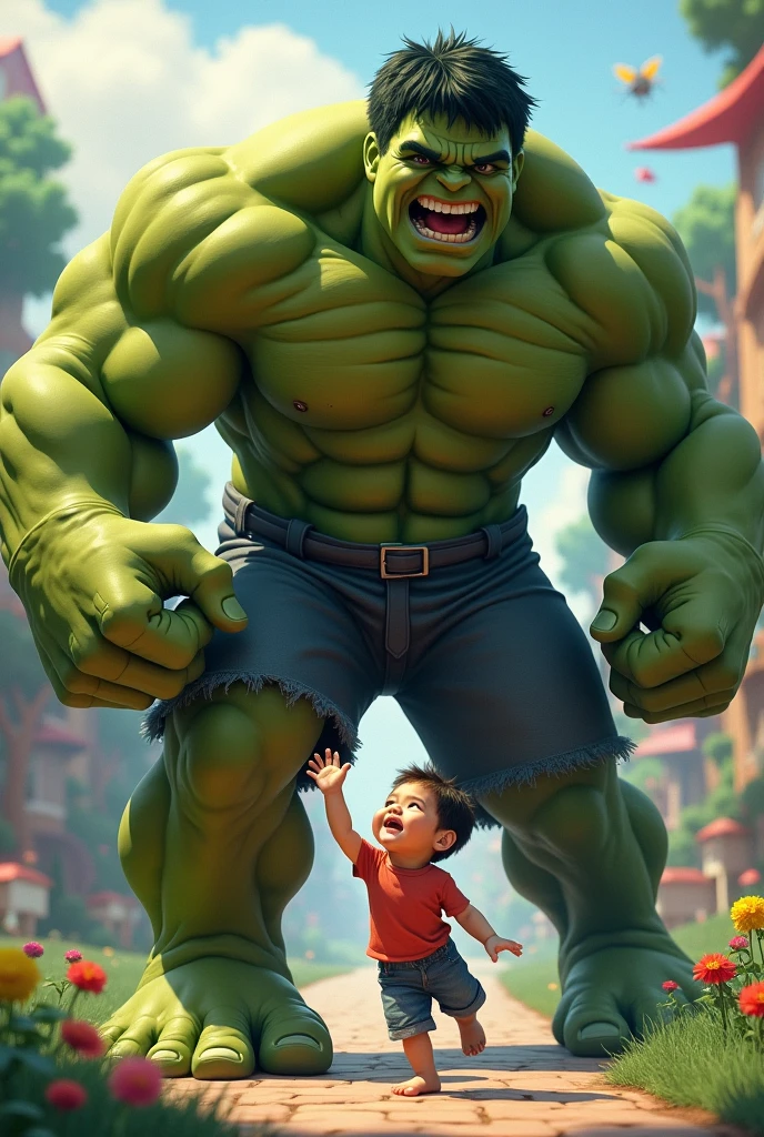 A child playing with the incredible Hulk. 