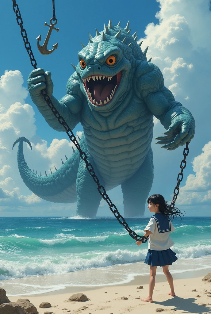 beach, 1Leviathan, 1girl, humanoid Leviathan, ((human-sized)), holding a chain in both hands, swinging a chain with an anchor over his head, BLAKE, delinquent girl, Japanese sailor suit, bicycle chain in her hands, A girl swinging a chain over her head, looking in the same direction as Leviathan,