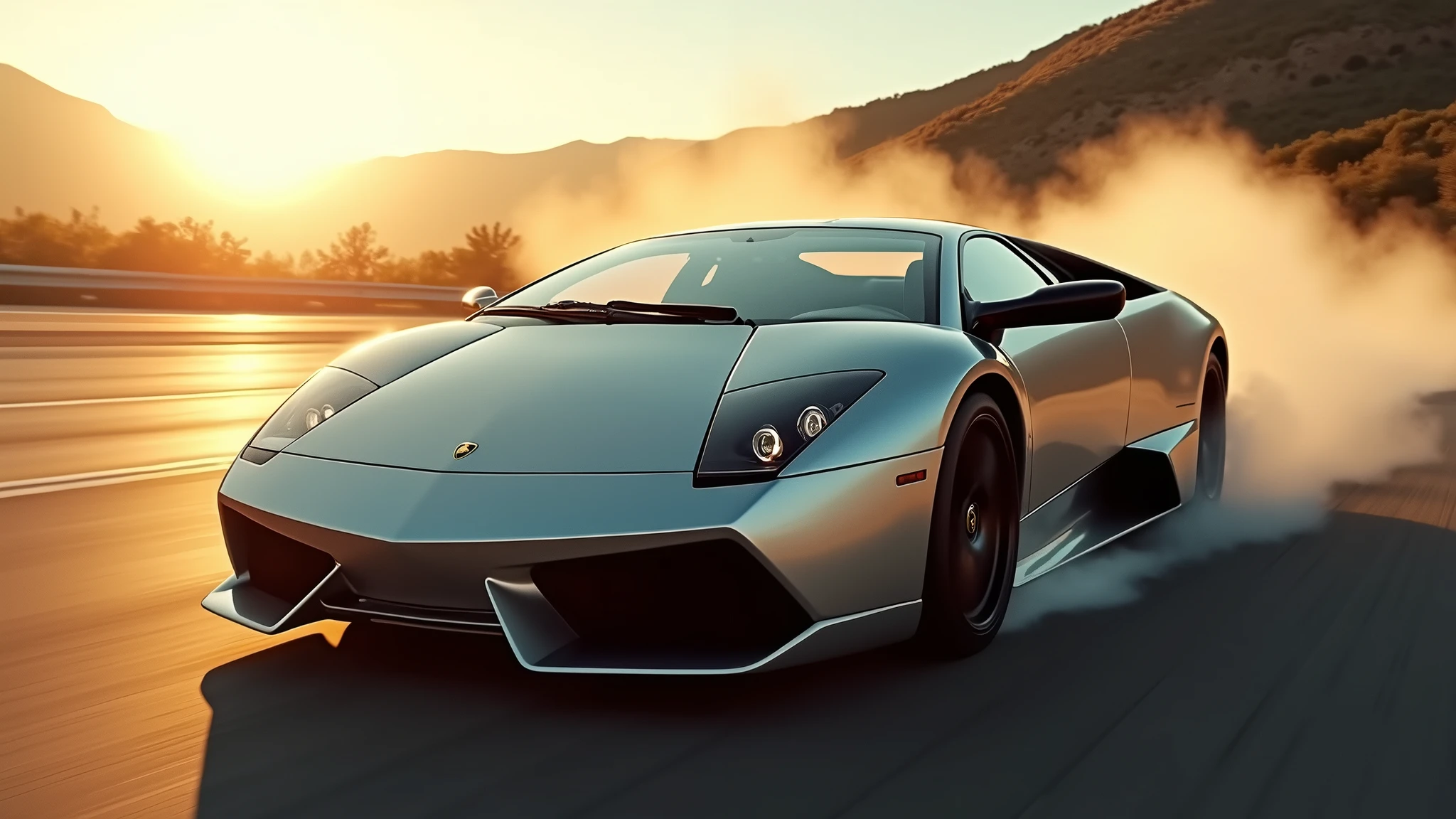 An incredible, high-speed cinematic photo of a silver Lamborghini Murciélago passing by at top speed. The low angle shot captures the sleek lines and powerful presence of the supercar. As the sun sets in the background, it casts a warm, golden glow across the car, accentuating its jaw-dropping design. The sense of speed is palpable, with the car's tires leaving a trail of smoke on the road., cinematic, photo