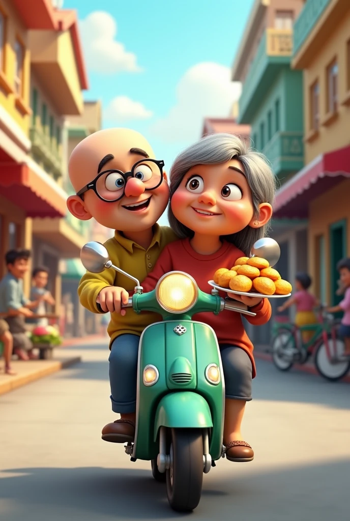 Husband and a little bit fat wife going to eat panipuri on scooter in animated cartoons.make husband bald head and without beard, moustache and make him wear eye glasses .