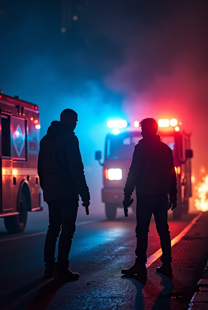 Scene of an accident, it is night, the lights are on blue and red, there is a fire and a space where a man stand with a gun,gun is on the hand of men