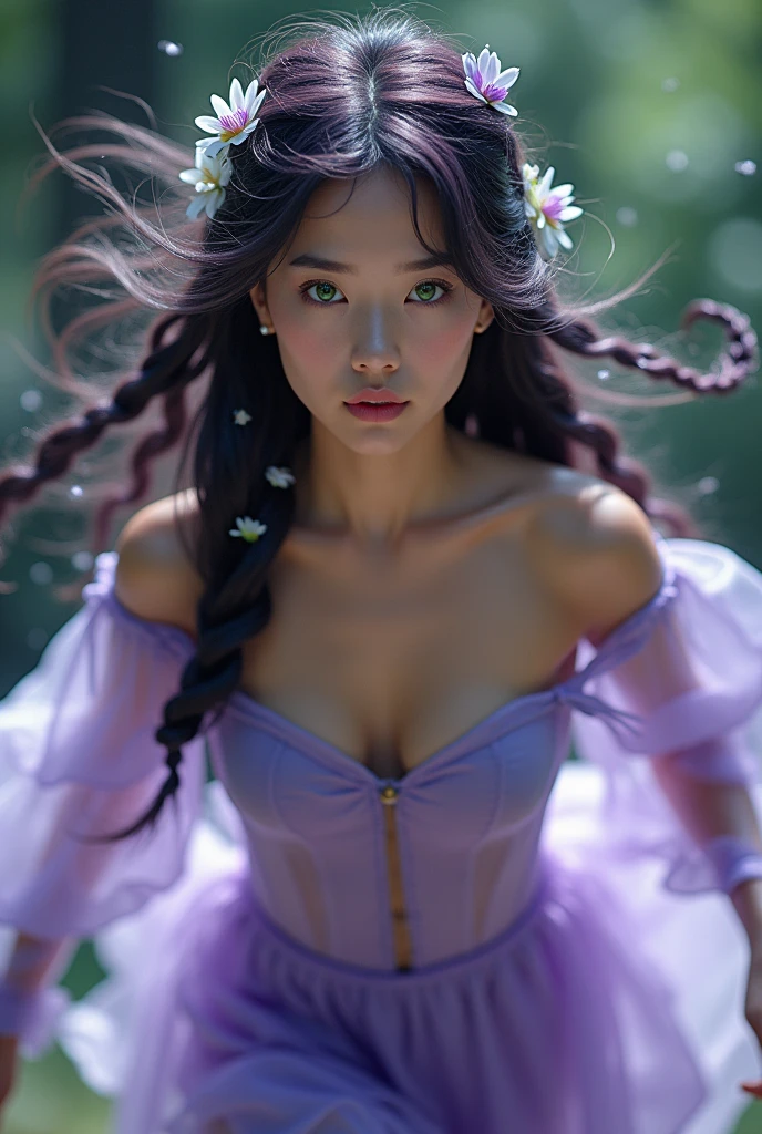 Woman,skin fair,sparkling green eyes,dark purple braided hair,flowers in the braid,light purple dress,action running,cinema image,品質,