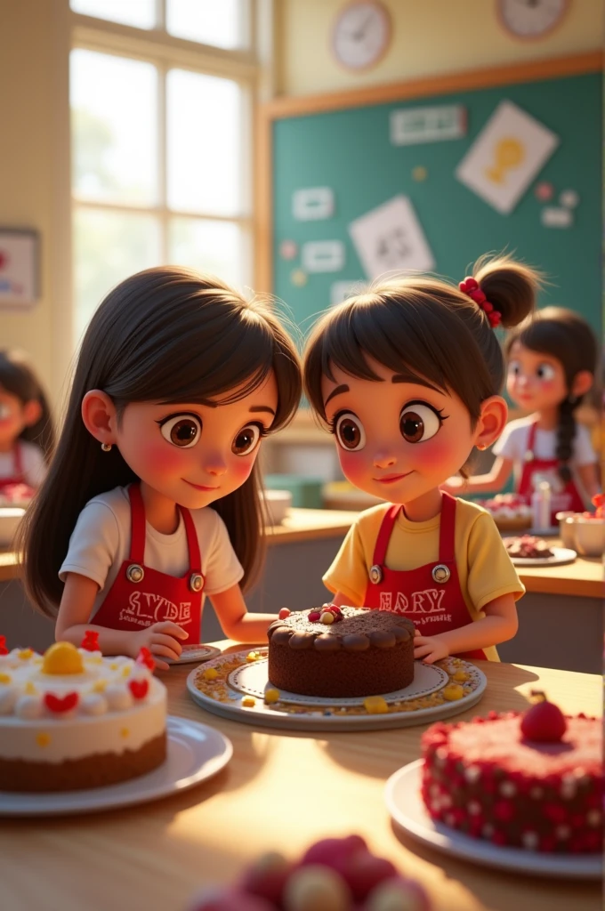 In the animated style of a Disney Pixar film, a classroom decorated for a school cooking contest, with tables full of dishes and cakes, and two girls, one with a disappointed look and the other with a shy smile, working together. knocked over chocolate cake, with a sad girl in the background and another girl approaching with a piece of cake