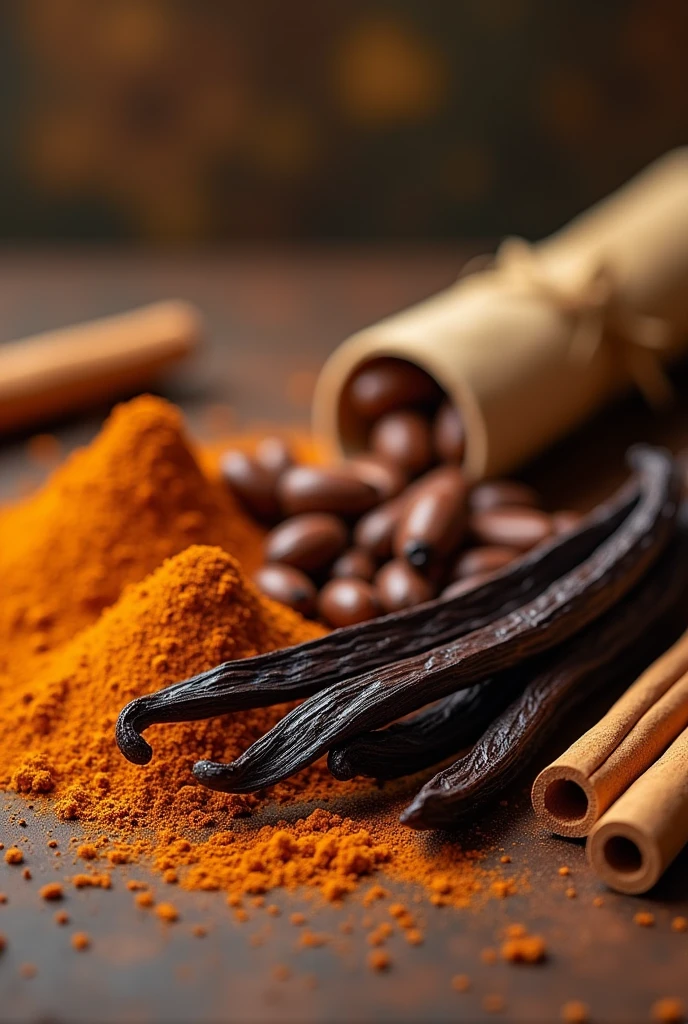 spices, vanilla and cinnamon in the air tonka bean with powder cinnamon, in a spice environment, with tonka beans vanilla and spices.