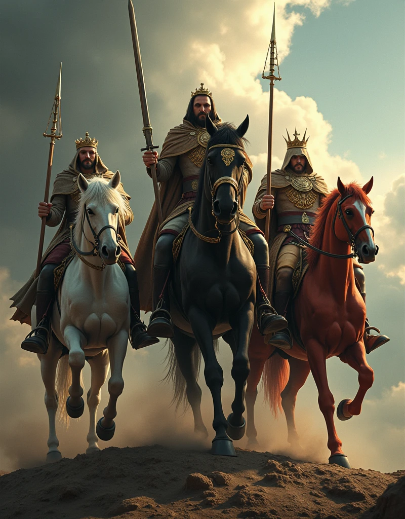 (photorealism:1.2) the 4 riders of the apocalypse on their horses. The first one is a white horse and his rider holds an arc and arrow and a crown on his head. The second one is a red horse whose rider holds a large sword and he was a peace braker. The third one is a black horse whose rider holds a ancient balance on his hands and his name was hunger. The fourth one is a yellow horse whose rider was called "DEATH"