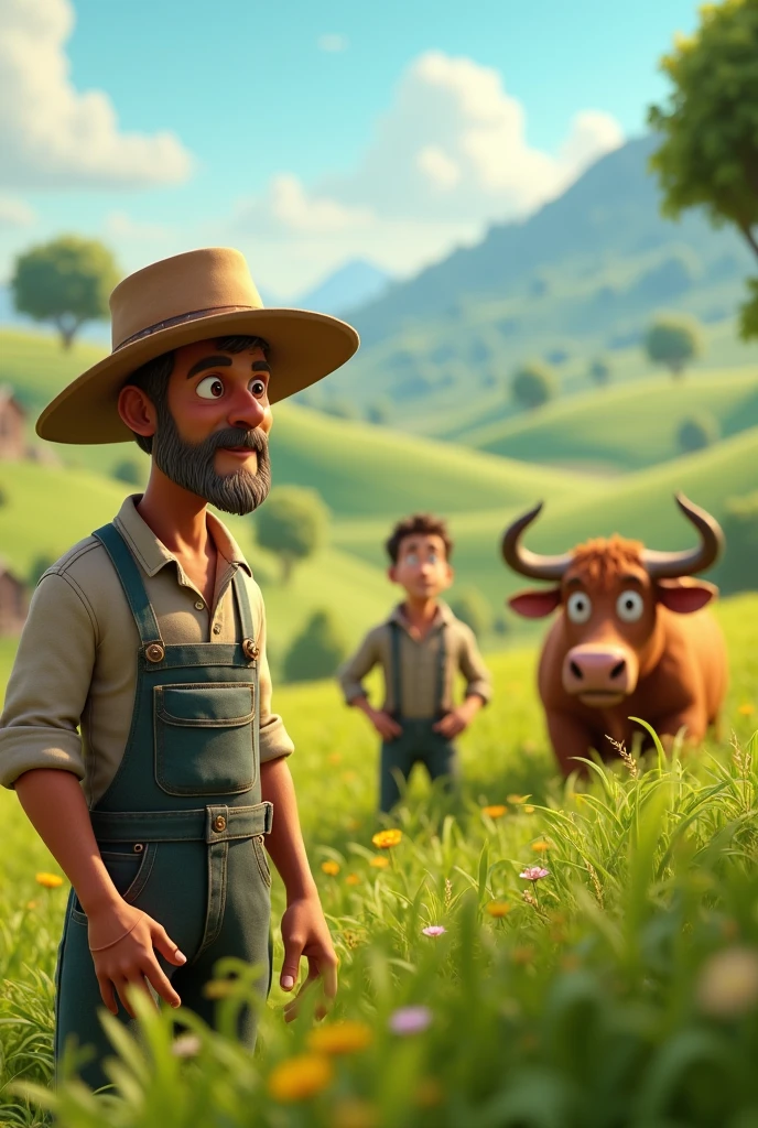 In cinamatic 3d cartoon "The next day, the farmer is working in his field. He notices that his neighbor’s ox has fallen ill, and the neighbor can’t work in his field.)