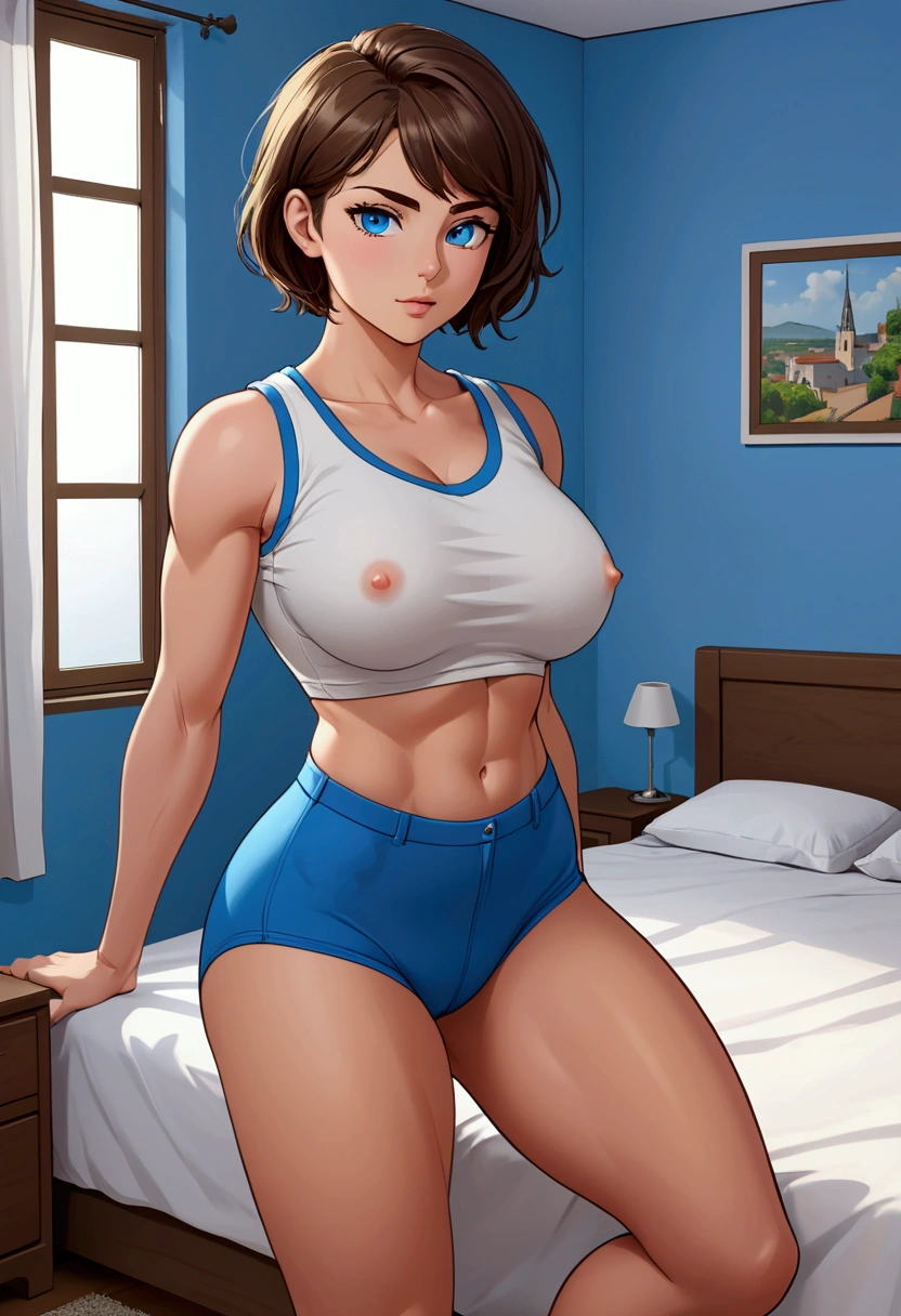 20 years old woman, Short brown hair, Méditerranéenne aux blue eye, Generous and heavy breasts, slender waist, estomac defini, fesses rebondies et pulpeuses, naturally curved, muscular thighs, aguicheuse, in the bedroom, en teeshirt extra large, blue eye